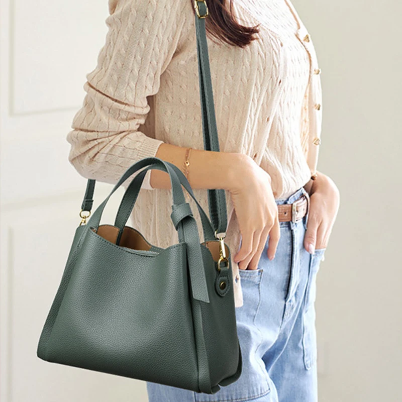 Soft Leather Retro Textured Bucket Bag for Women Large Capacity Shoulder Crossbody Tote Handbag Adjustable Strap Messenger Purse