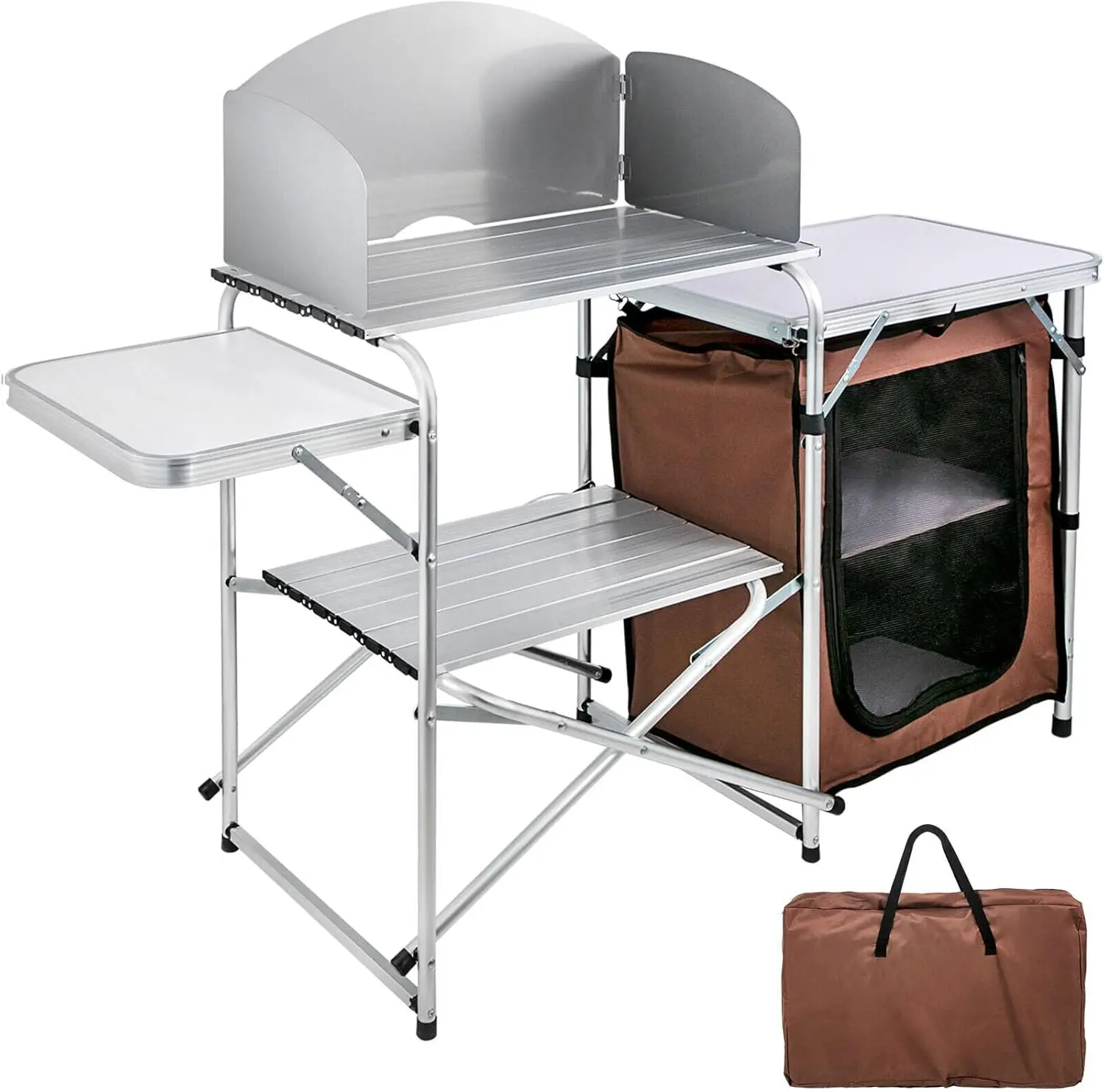 Camping Kitchen Table Picnic Cabinet Folding Cooking Storage Rack Portable Brown