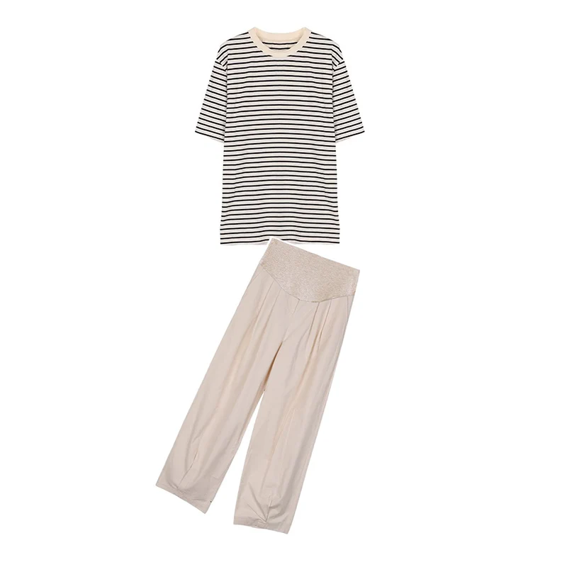 Postpartum Woman Summer Nursing Clothes Set Short Sleeve Striped Breastfeeding Top+long Loose Trousers Twinset Casual 2pcs Suits