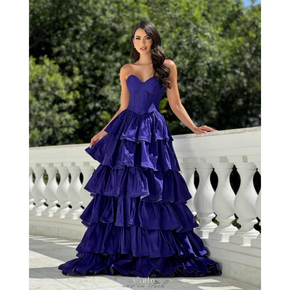 

Cathy Sapphire Sweetheart Tiered Ruffles Taffeta Prom Dress Strapless A-line vestidos de noiva Customized Floor-length Formal