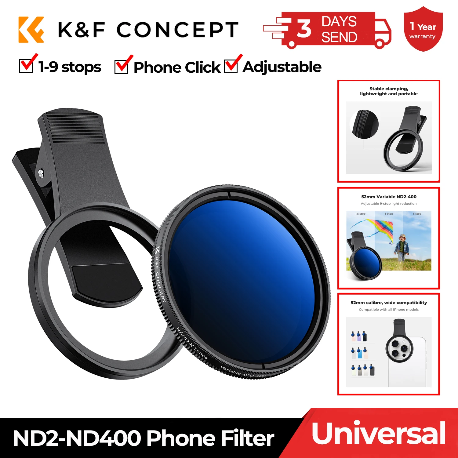 

K&F Concept Clip-On ND2-400 Phone Filter 1-9 Stops For All Phone 52mm Camera Lenses Adjustable Neutral Density Filters Universal