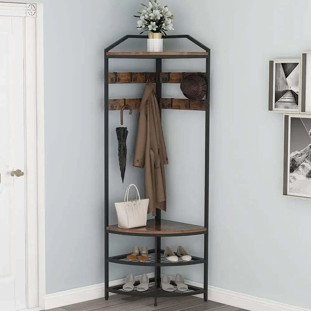 Corner Hall Tree with Shoe Bench Entryway Coat Rack with 10 Metal Movable Hooks Floor Standing Clothes Rack Shoes Shelf O