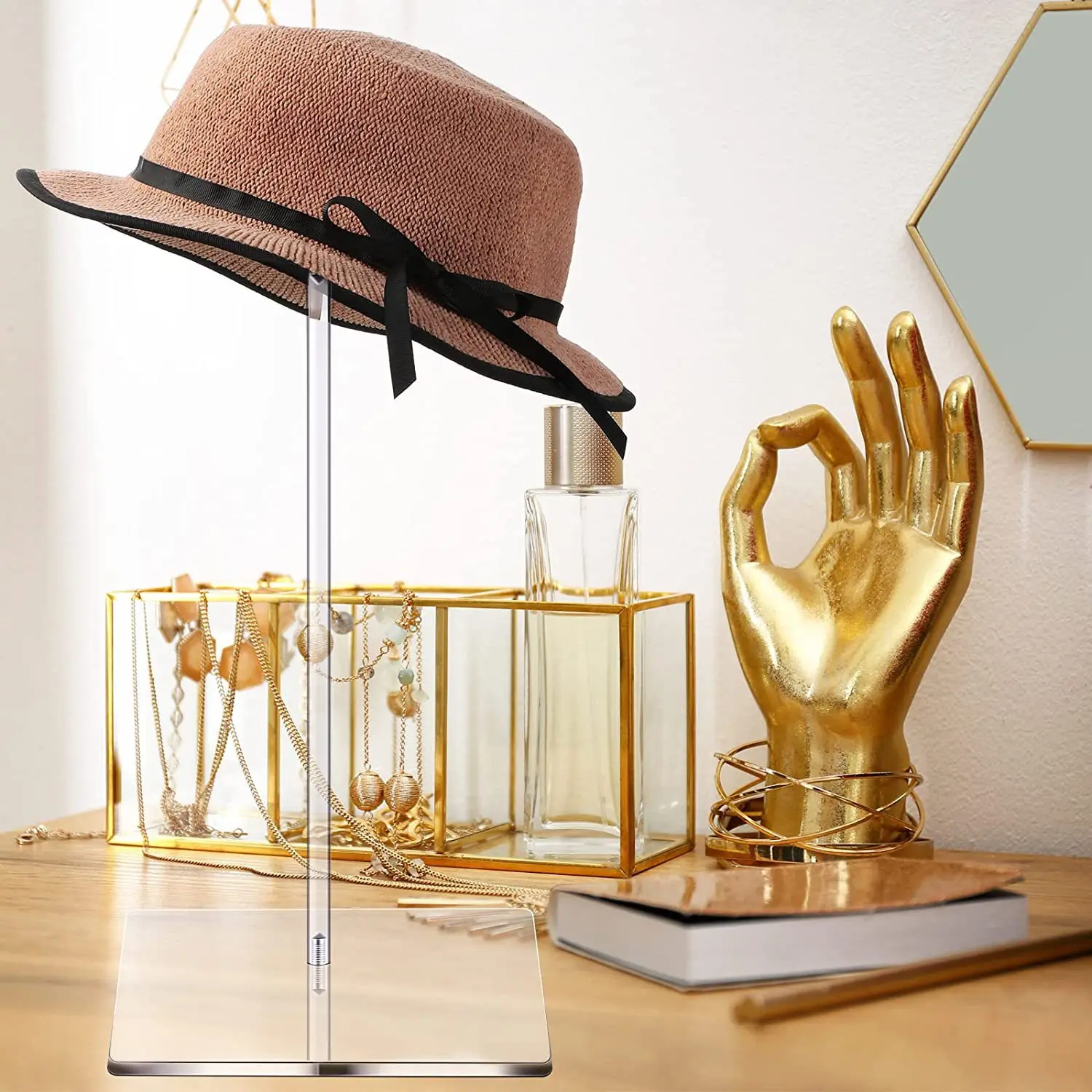 

Clear Acrylic Hat Stand and Wig Holder Rack with Pedestal and Round Base Tabletop Organizer Storage Rack Baseball Showcase