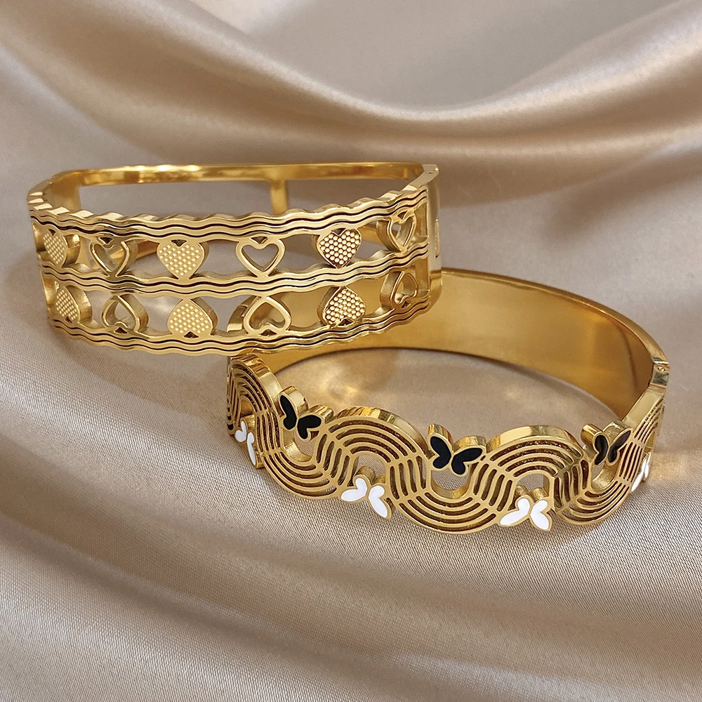 

DODOHAO Fashion Heart Ripple Stainless Steel Bracelet for Women Gold Plated Waterproof Spring Bangle Daily Jewelry Accessories