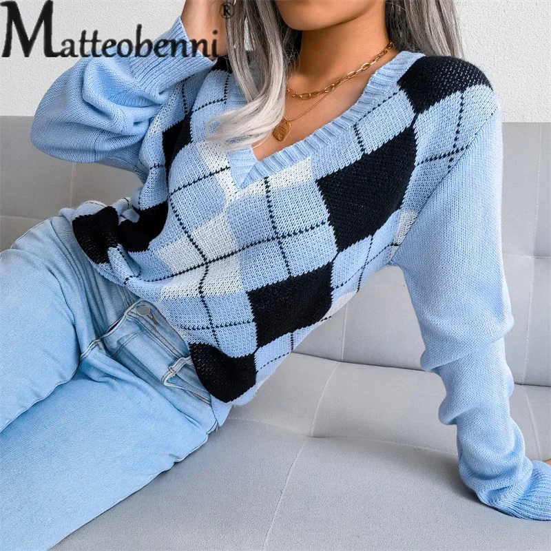 College Style Rhombus Sweater Women Elegant V Neck Pullover Jumpers Female Autumn Winter Casual Loose Knitwear Trend Streetwear