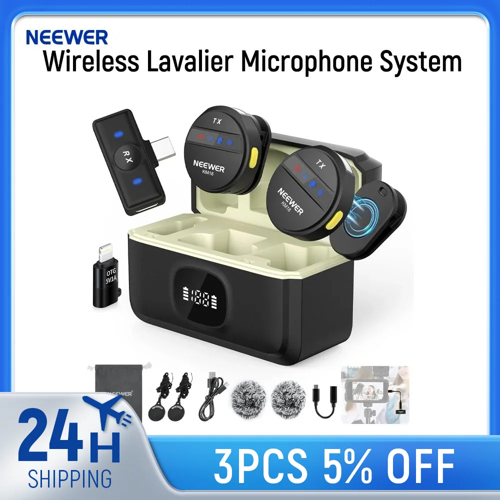

NEEWER Wireless Lavalier Microphone System For iPhone Android Phone PC Laptop Computer, Noise Cancelling Mini Lapel Mic Set