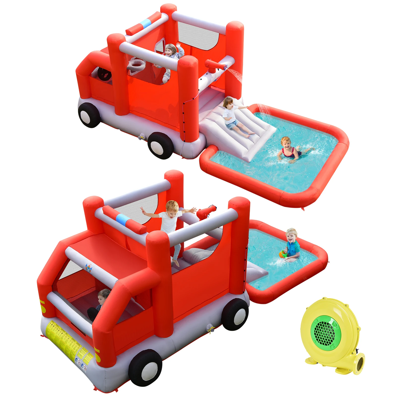 Fire Truck Themed Inflatable Castle Water Park Kids Bounce House w/ 480W Blower