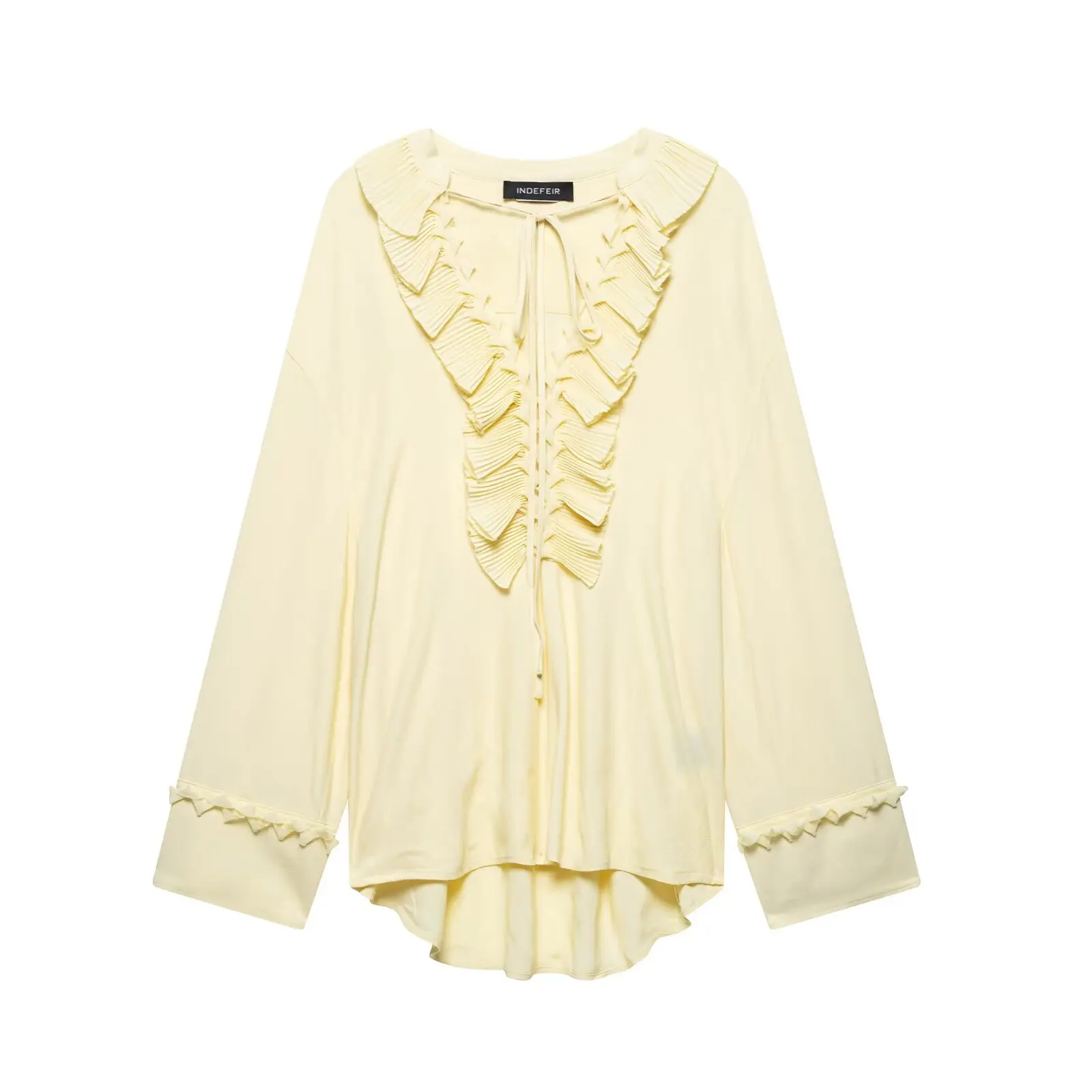 

Zevity Women Sweet Deep V Neck Pleated Ruffles Solid Color Casual Loose Smock Long Blouse Female Shirt Blusas Chic Tops LS9177