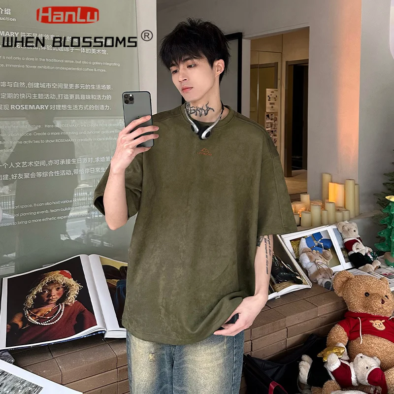 Men's Summer New Suede Short sleeved T-shirt Men's Trendy Brand Loose Contrast Embroidered Round Neck T-shirt