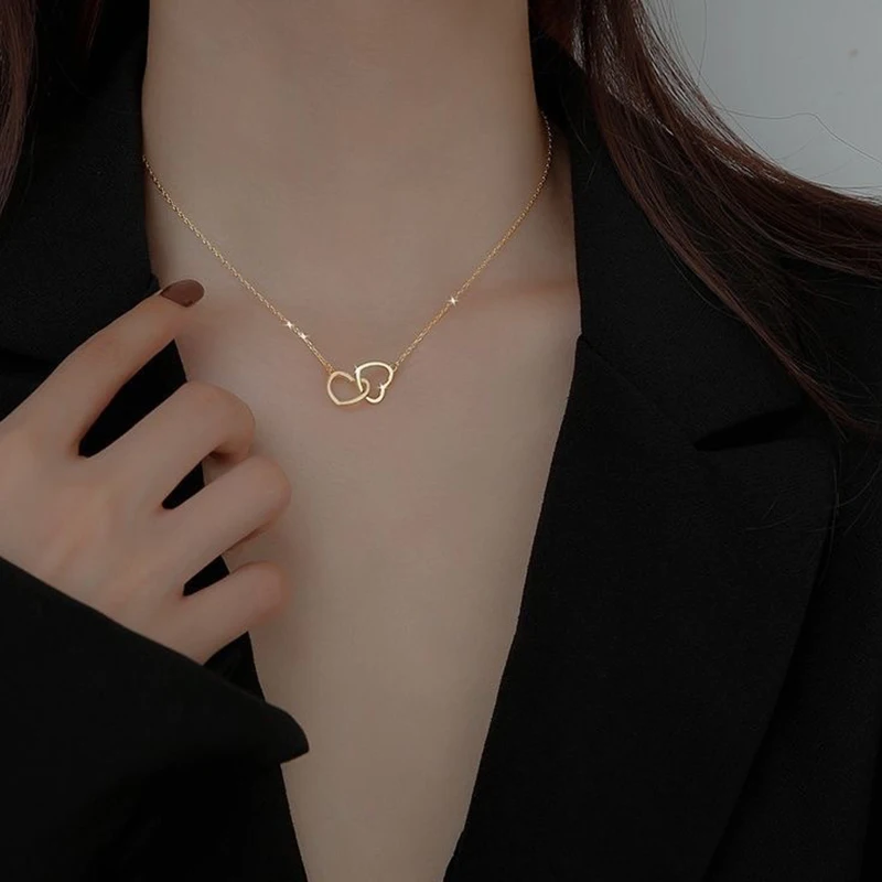 Personalized Simple Double Heart Choker Necklace For Women Hollow Heart Pendants Necklace Clavicle Chain Girl Gifts Jewelry