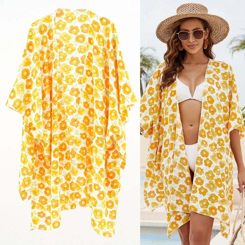 Kimono de chifón Floral para mujer, Rebeca Sexy para cubrir Bikini, traje de baño para vacaciones, novedad de 2023