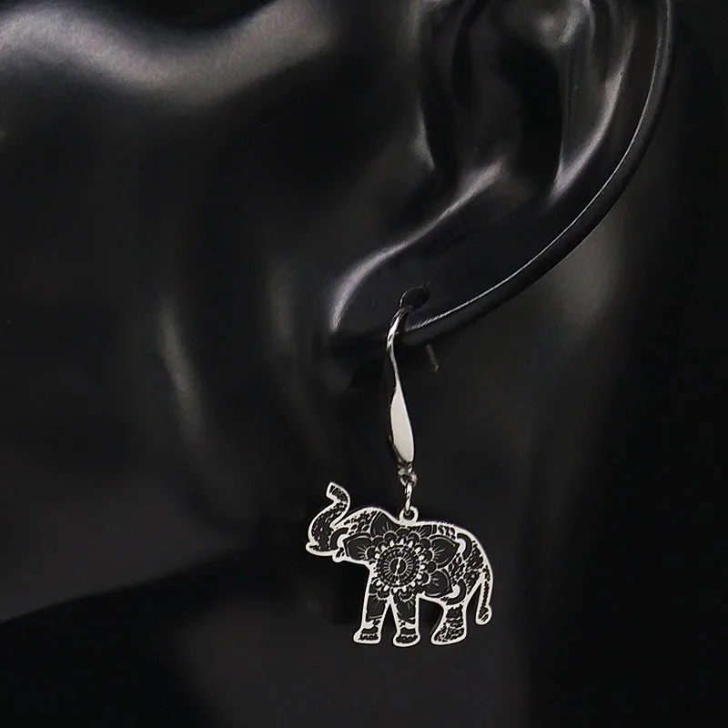 Elephant Stainless Steel Dangle Earrings Women Black Enamel Animal Earrings Jewelry pendientes acero inoxidable mujer E2036S02