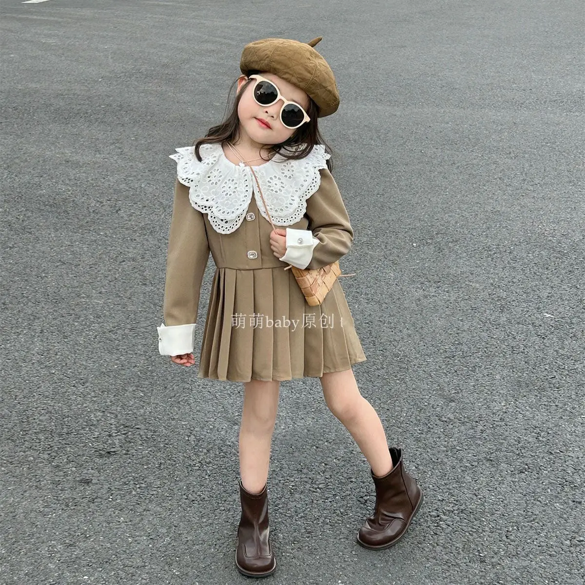 Children clothes 3-8 yrs Pleated skirt Spring Autumn Sailor Lace Doll Collar dress Girls Kids A-line Pricess dress School unifor