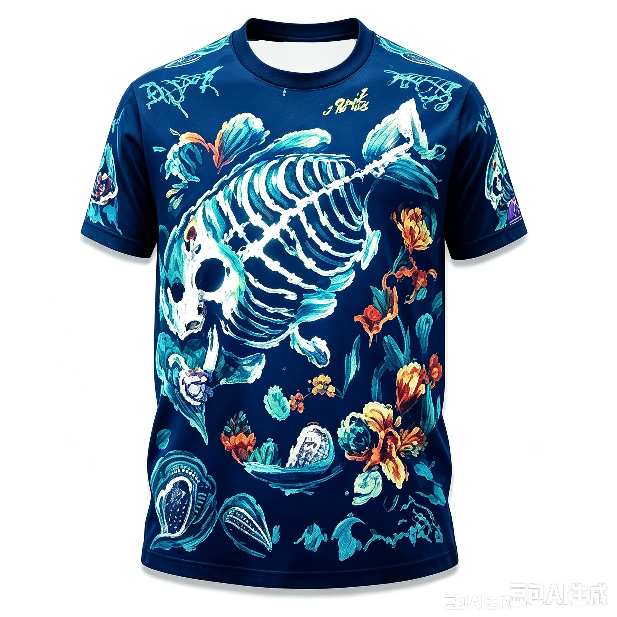 PARENT-CHILD STYLE ARTISTIC FISH SKELETON FLORAL TSHIRT RETRO OIL PAINTING STYLE FISH SKELETON ANDFLOWERS OUTDOOR ROUND NECK TOP