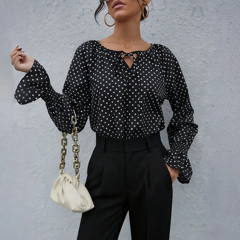 2026 Women Polka Dot Printed Blouse Pullover Female Retro Casual Long Flare Sleeve T-Shirt Lady Comfortable Loose Tee Shirts Top - zdjęcie 1