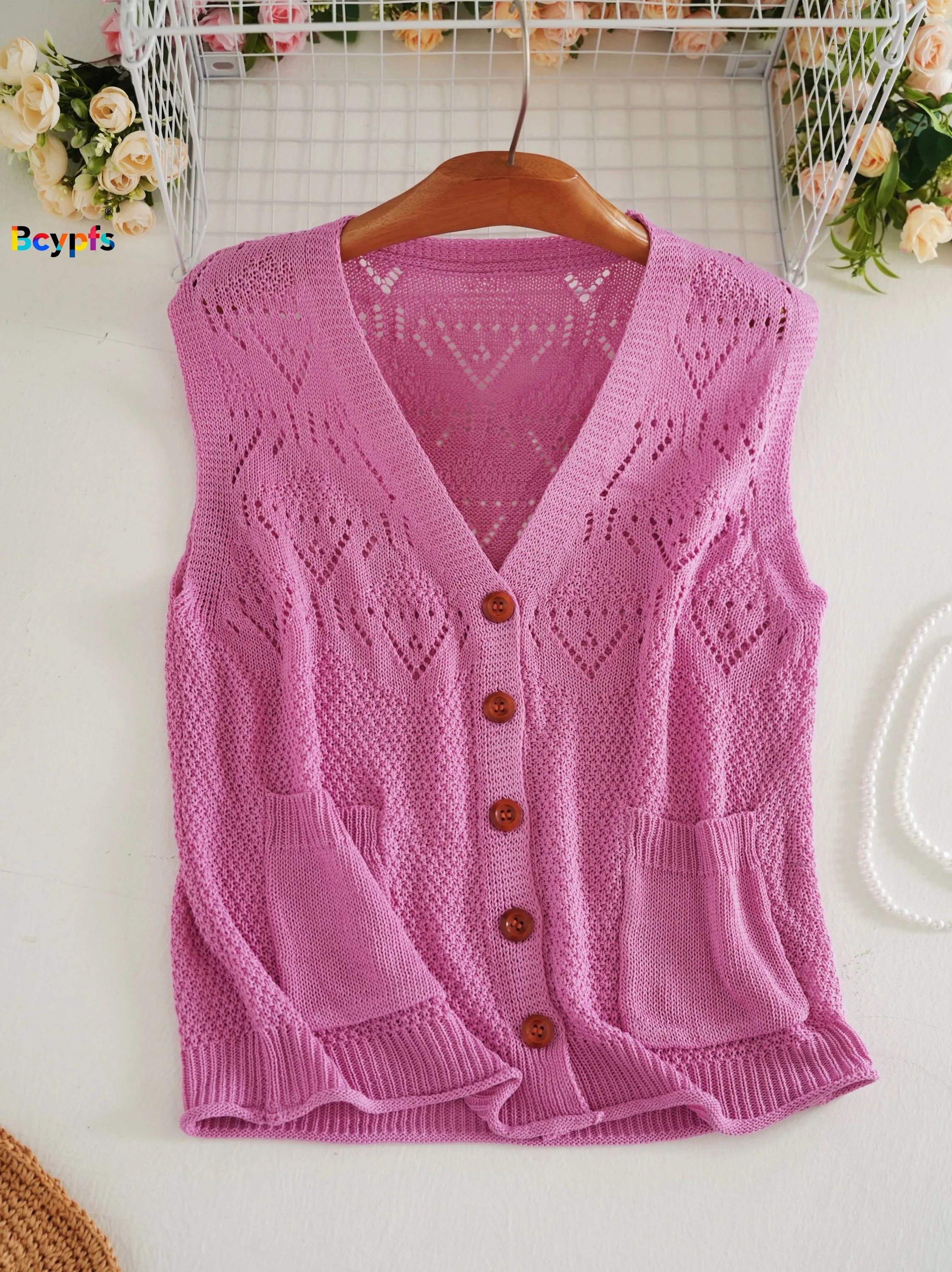 Damen-Strickweste mit offener Vorderseite, Strickjacke, rosa, V-Ausschnitt, ausgehöhlte, geknöpfte Taschen, gerüschter Saum, leicht, 2026, Frühling, Sommer, heißer Sal