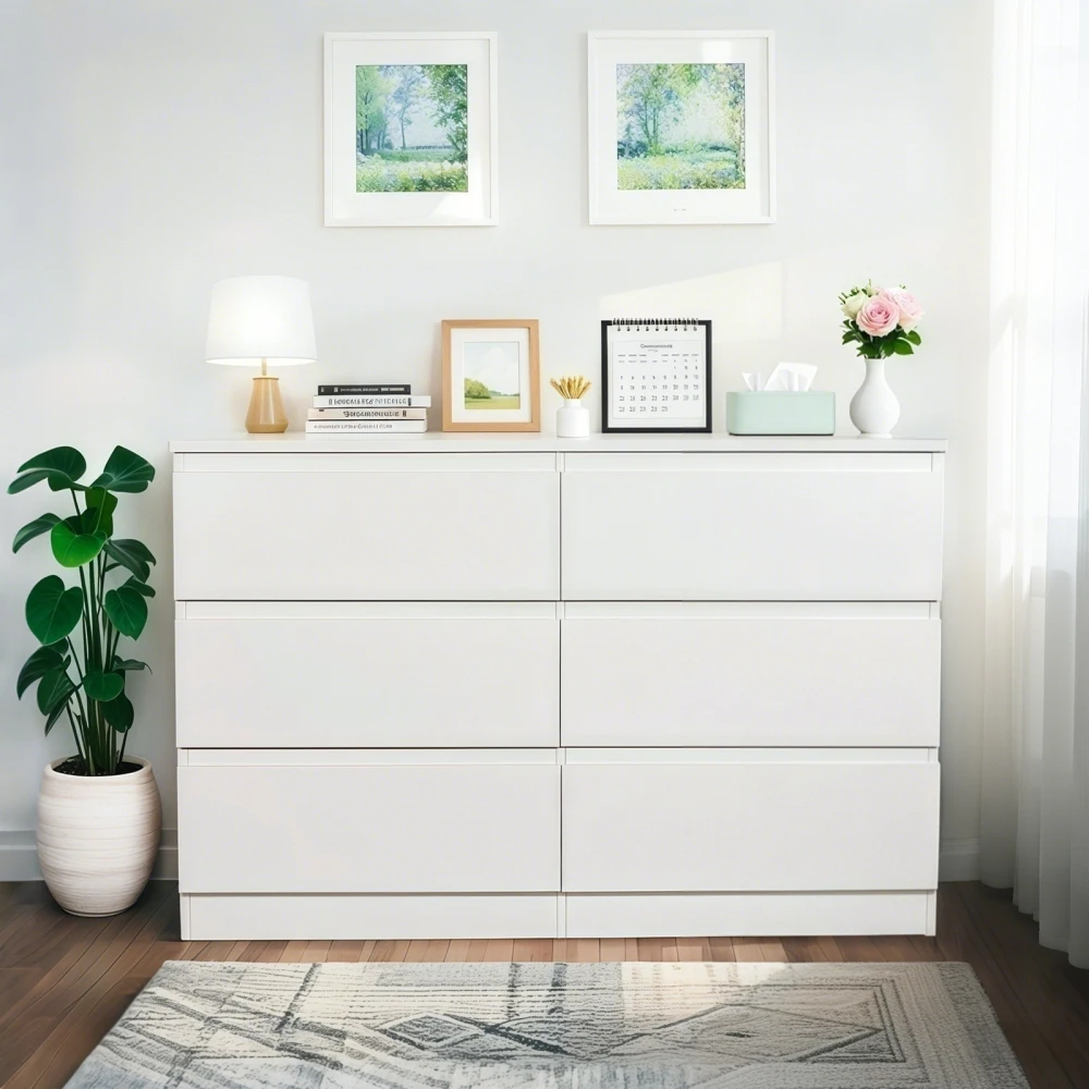 

6 Drawer White Modern Dresser: Spacious Top, Concealed Handles, Deep Drawers for Multi-Room (15.7×47.2×30.9)