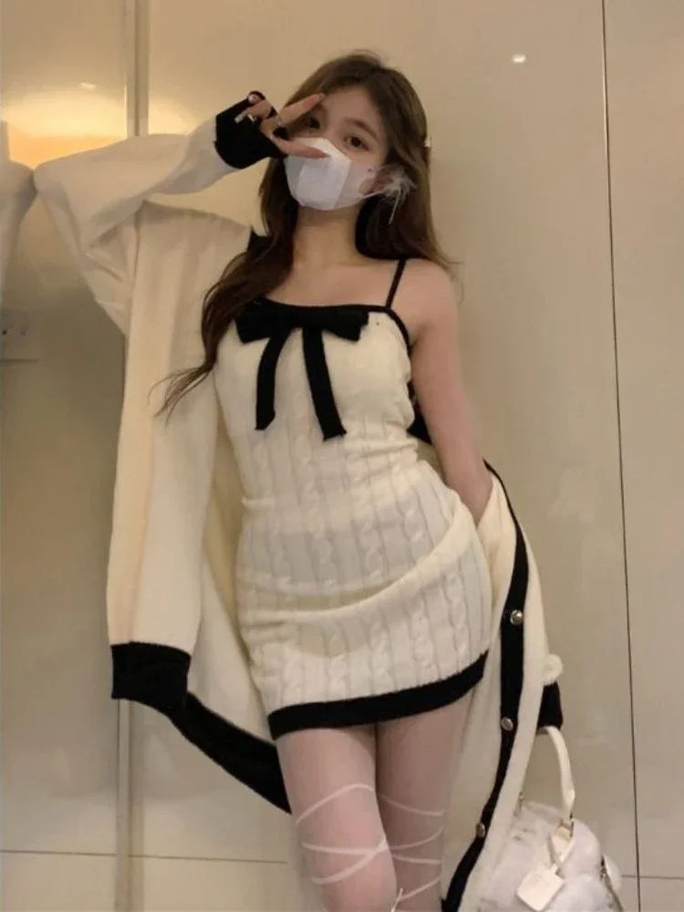 2023 Winter Bow Design Kawaii Knitted 2 Piece Dress Set Woman Casual Sweater Cardigan Korean Style Sexy Club Party Dress Chic