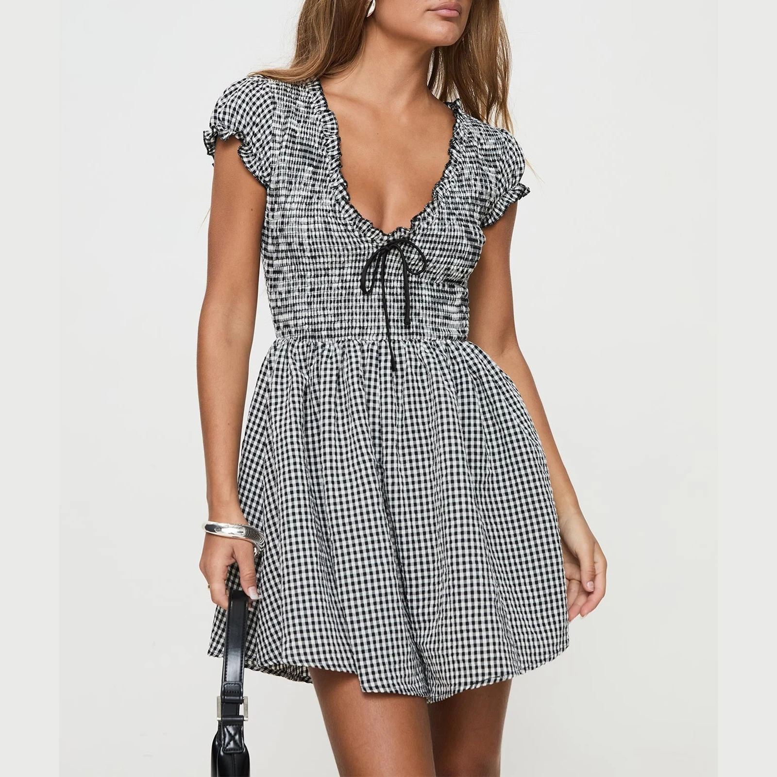 

Women's Summer Short Puff Sleeve Ruffled Trim Deep V Neck Bow Decor Smocked High Waist Slim Plaid Print Mini Wide Leg Playsuits