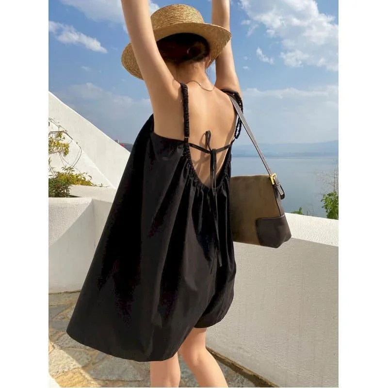 Sznurowane kombinezony Ponadgabarytowe spodnie letnie Casualowe szorty z szerokimi nogawkami Luźne body w stylu koreańskim Jednoczęściowe stroje Odzież damska