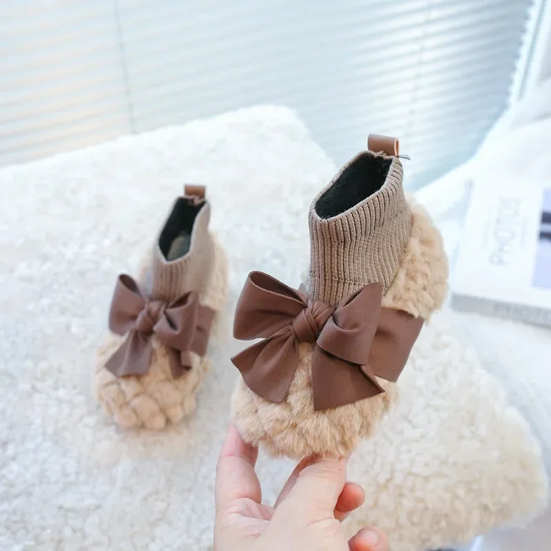 2025 Winter New Kids Sock Boots with Big Knotbows Girls Plush Shoes Suede Warm Children Flat Shoes Soft Sole Versatile Non-slip