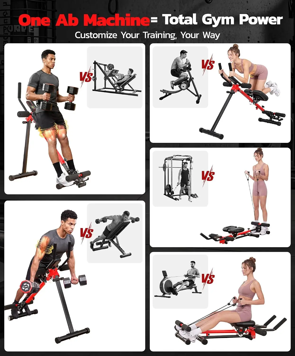 2-in-1 Adjustable Ab Machine for Home Workouts Combining Crunches Rowing Roman Chair Exercises with Foldable Steel Frame and LCD Monitor