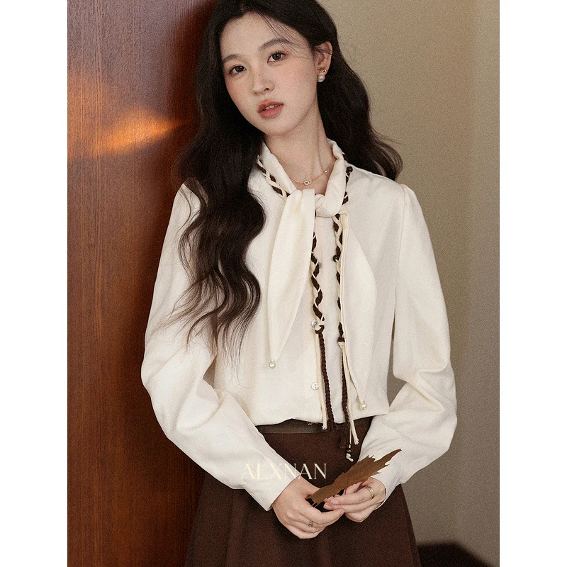 

ALXNAN Apricot Lace-up Shirt Women's Autumn Bow Elegant Office Lady Blouses 2025 Loose-fit Casual Long Sleeve Tops Ladies L58067