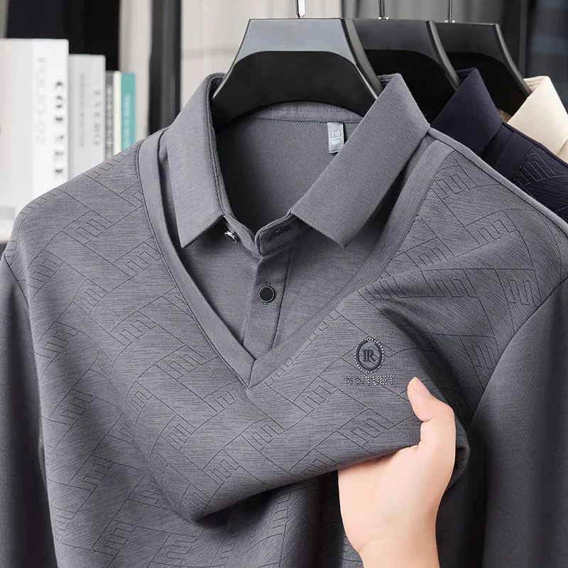 TFETTERS 2026 Spring Autumn Long Sleeve Polo Shirt Men New Fashion Fake Two Polo Shirts Casual Slim Turndown Collar Graphic Tee