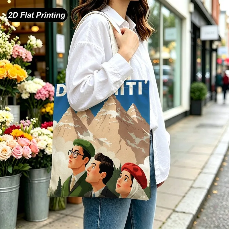 Vintage Snow Mountain Character Print Tote Bag Large Capacity Traveling Bag Women Bag Eco Friendly Handbag Suitable Shopping