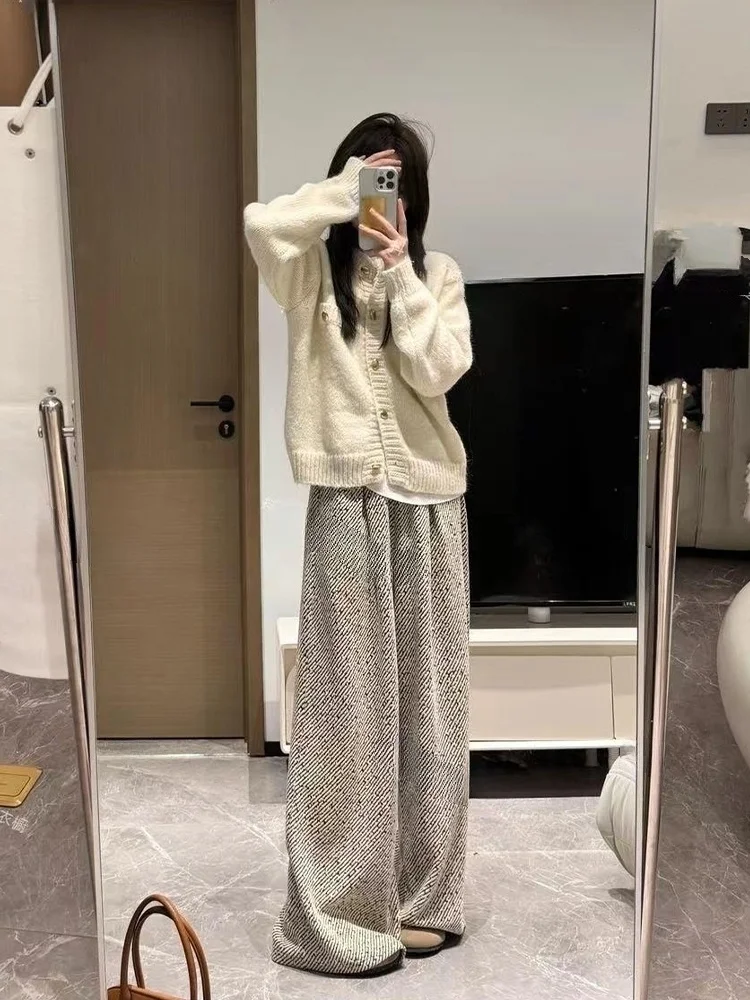 

High Waist Wide Leg Casual Pants Women's Loose Fit Diagonal Stripe Floor Length Trousers Autumn Winter Straight Cut Parkyeon