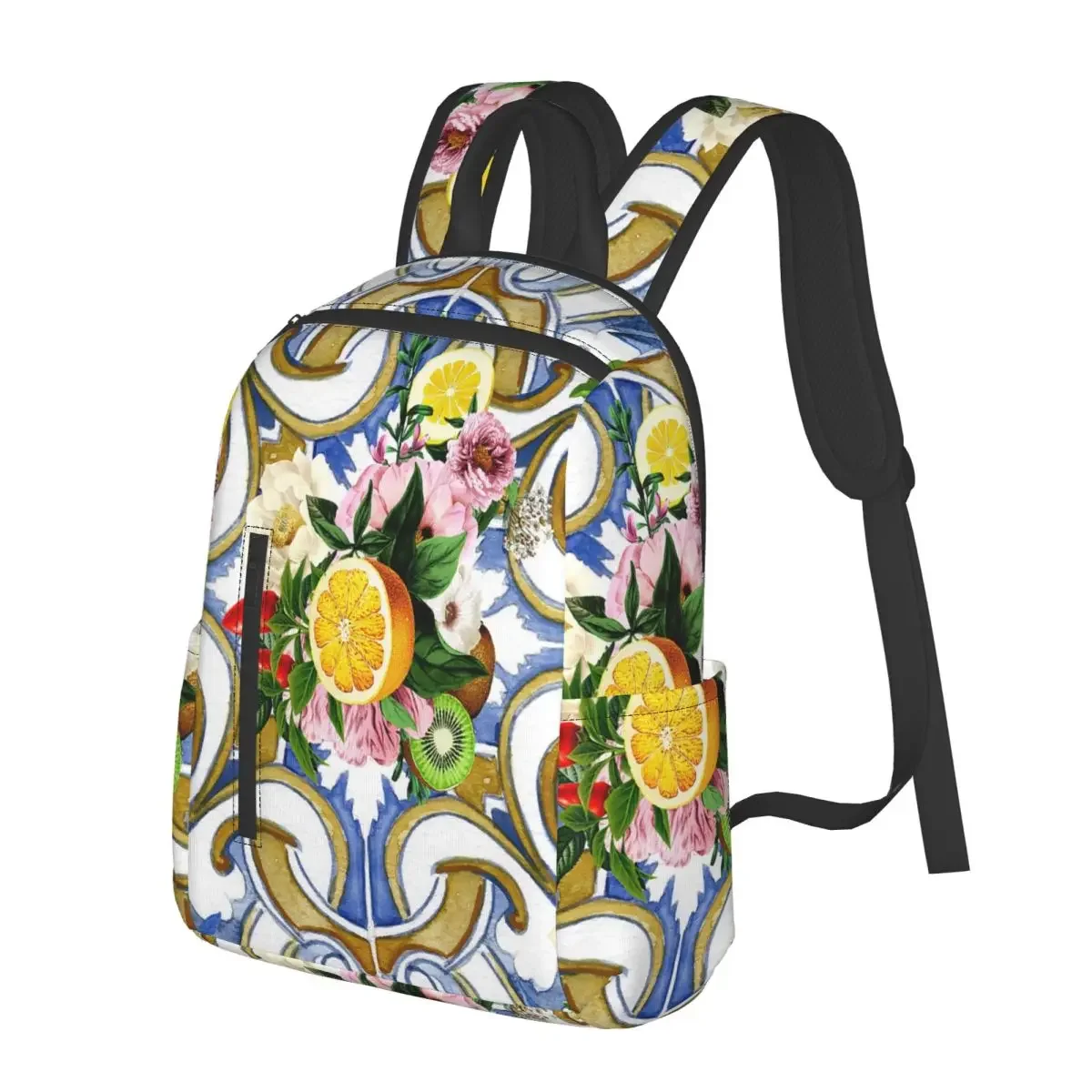 Sicilian Tiles,Mediterranean,Mosaic,Lemons Student Backpack School Bag Hiking Travel Daypack for Men Women Bookbag Shoulder Bags