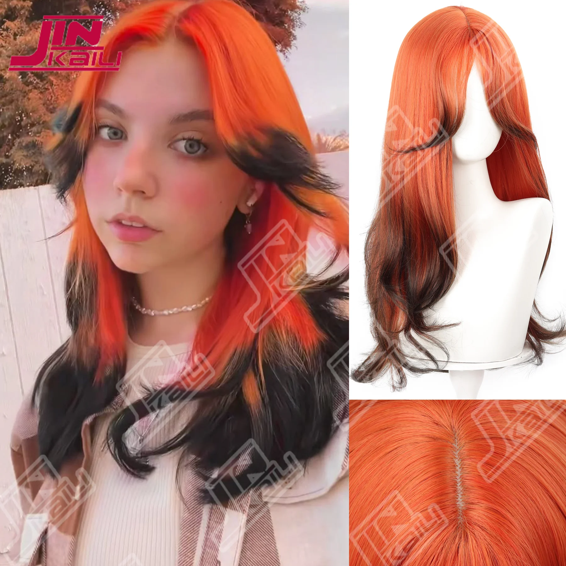 JKL Brown Copper Black Long Straight Synthetic Wigs for Women Natural Wave Wigs with Bangs Cosplay Heat Resistant