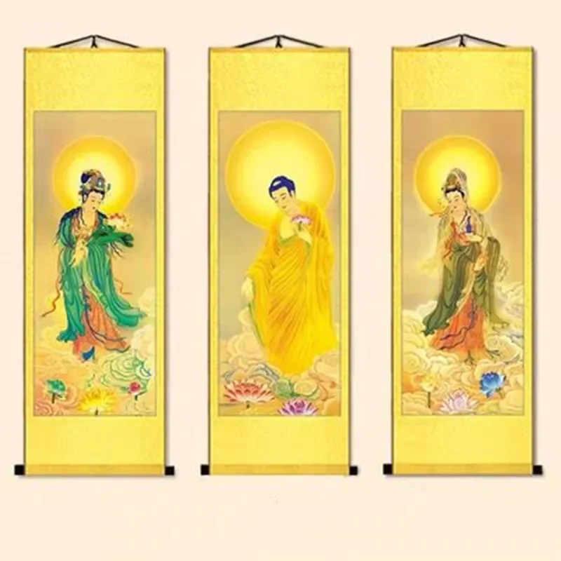 Three Saints' Portrait Hanging Painting Amitabha Buddha Connecting Drawing Scroll Painting HD Buddhist Hall Silk Buddha Posters