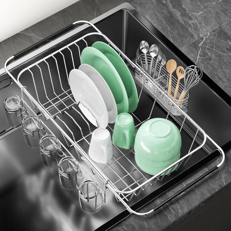 

Small Dish Drying Rack in Sink Extendable Stainless Steel Dish Drainers for Kitchen Counter AntiRust Dish Dryer Rack with Utens