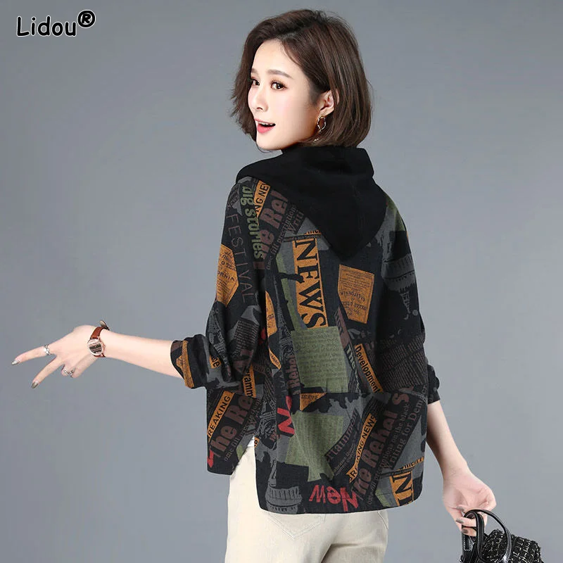 Spring Autumn Winter Thin Women\'s Clothing Casual Korean Loose Zipper Hooded Pockets Spliced Printing Jackets Oversized Cardigan