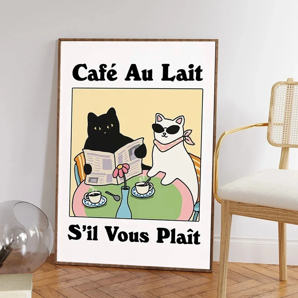 Arte de pared Vintage clásico, Animal francés, Gato de leche, colorido único, impresión en lienzo HD, póster, decoración de cafetería Bistro