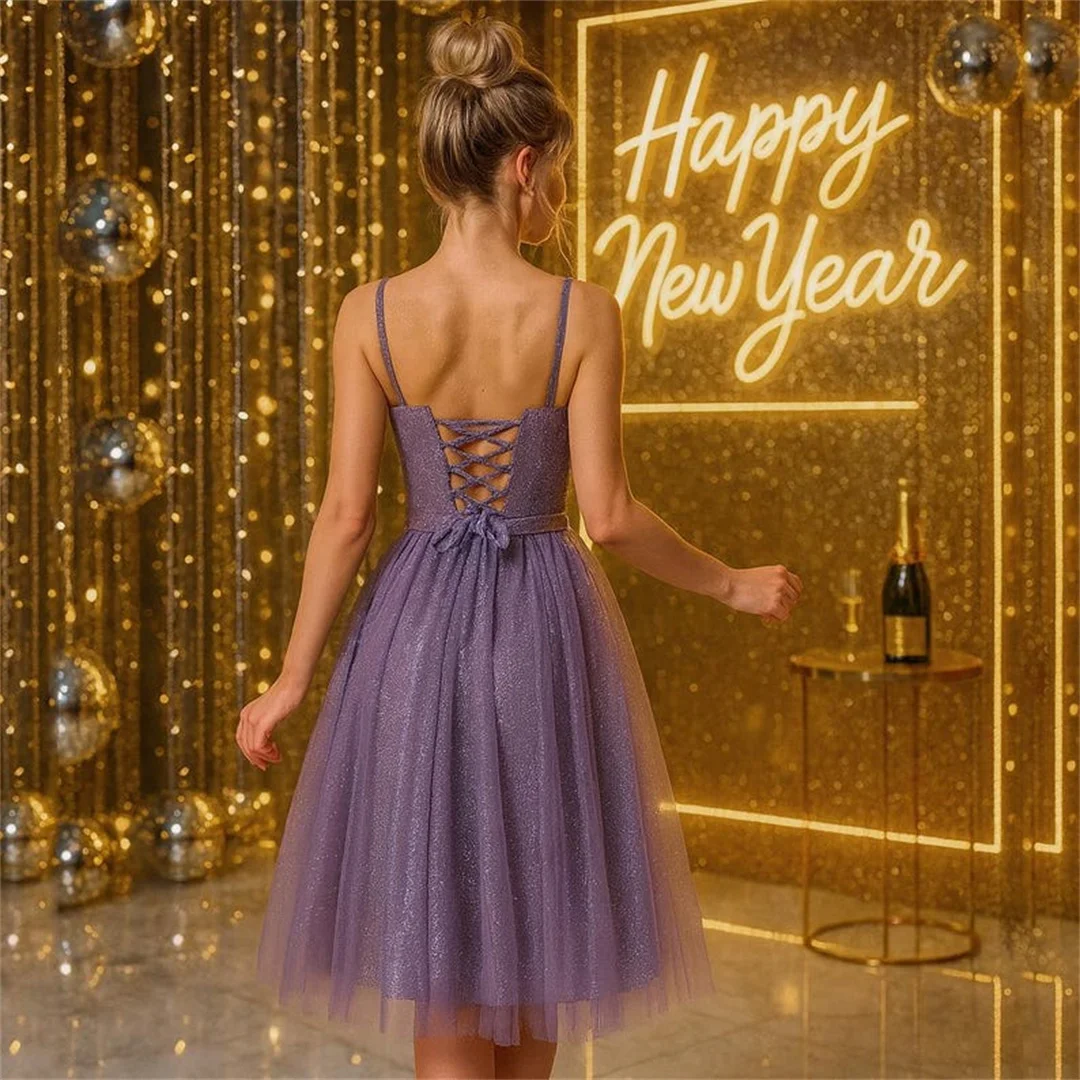 

New Year Glitter Spaghetti Straps Prom Dresses V-neck A-line Chic Festival Party Gowns Elegant Backless Short Evening Gowns 2025