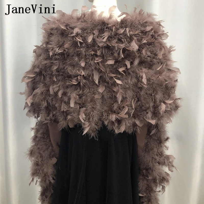 JaneVini Plus Size 220cm*40cm Fur Shawl Bridal Cape Real Ostrich Feathers Women Wedding Wraps Coffee Bride Party Stole Shrugs