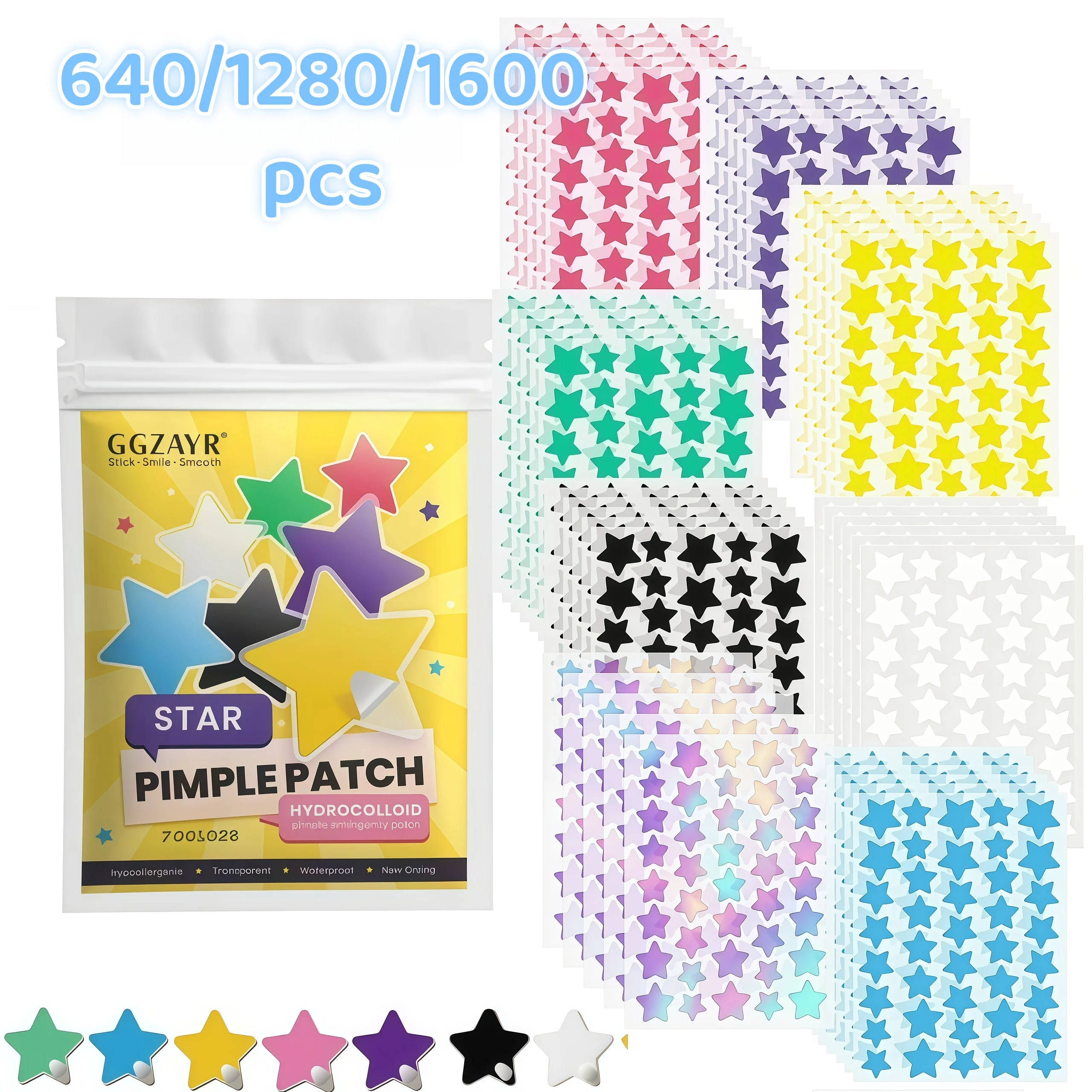 Bunte Stern-Akne-Pflaster-Kombination 640/1280/1600 Stück, Leichte Hautabdeckungs-Sticker für den täglichen Gebrauch