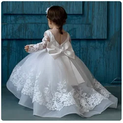 White Lace Flower Girl Dresses Tulle Full Sleeve Puffy For Weddings Kids Birthday Party Pageant First Communion Ball Gowns