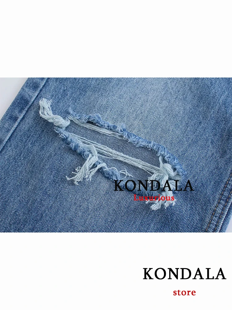 KONDALA 2025 جينز نسائي غير رسمي بثقوب ممزقة من قماش الدنيم موضة عالية الخصر بأزرار ملابس الشارع الشهير سراويل طويلة سراويل نسائية عتيقة