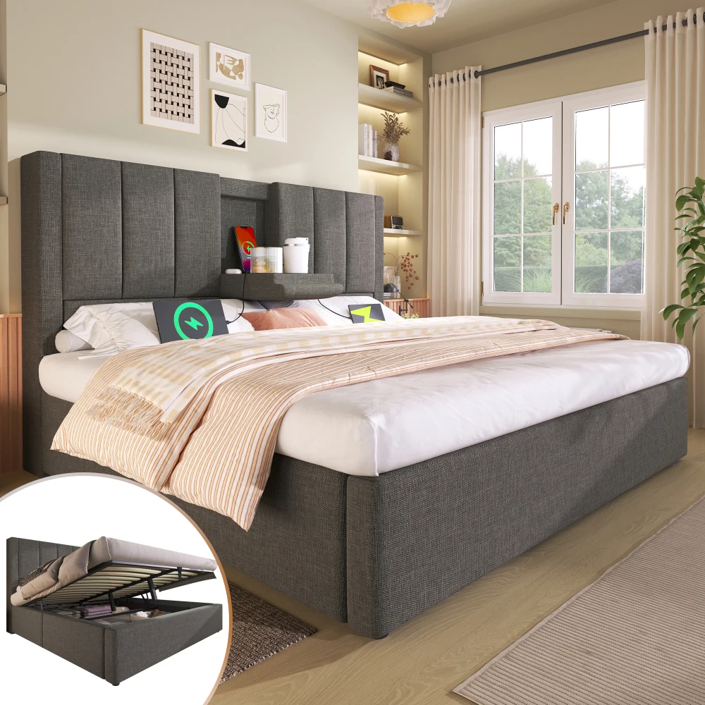 Polsterbett 140x190 cm Doppelbett mit verstecktem Getränkehalter & Ladestation, hydraulisches Bett mit Stauraum unter dem Bett, inklusive Lattenrost, graues Leinen (ohne Matratze)