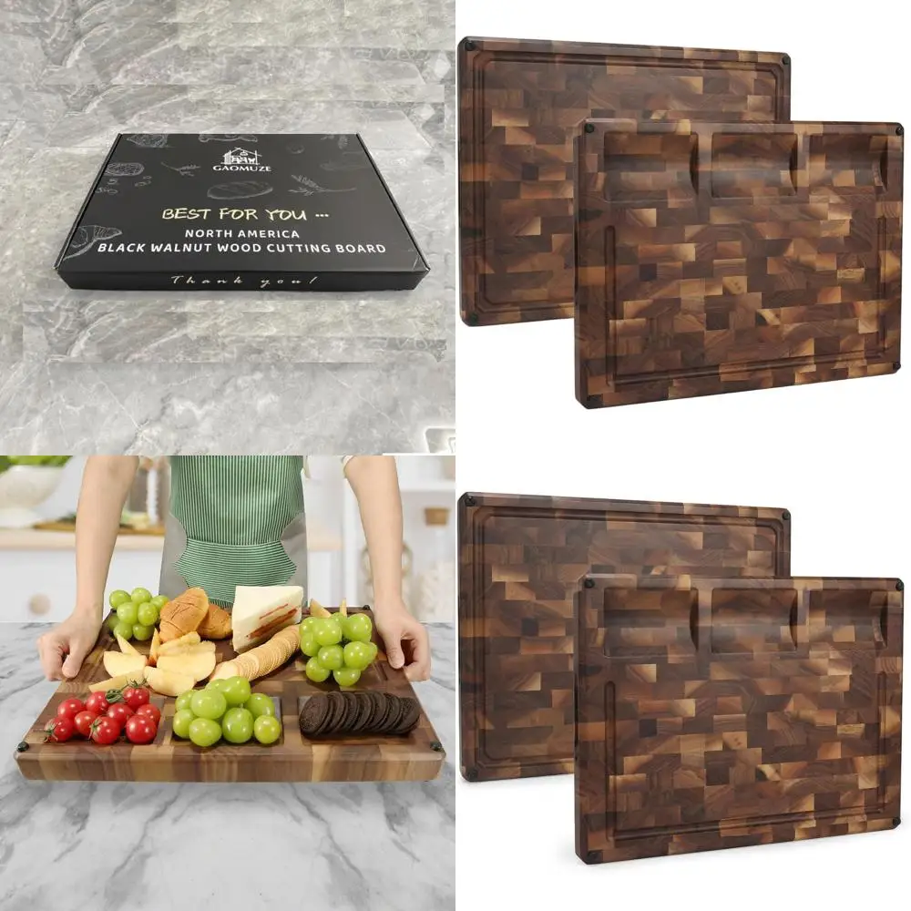 

Двусторонняя разделочная доска из черного ореха, 17x13x1,5, с канавками для сока, ручками, нескользящими подушечками, в подарочной упаковке
