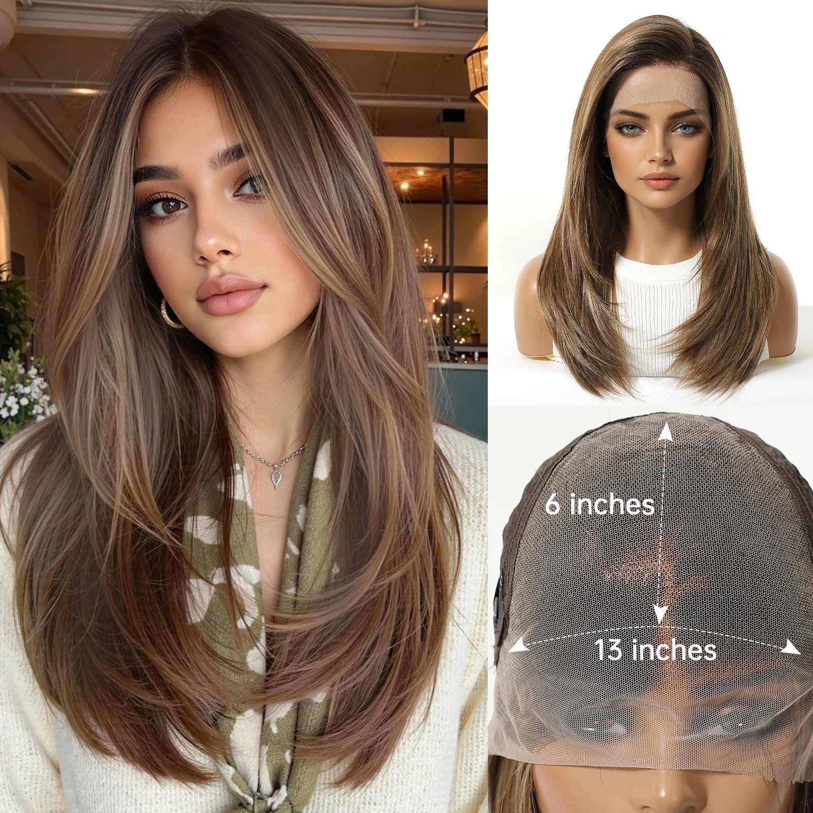 HAIRCUBE 13x6 Lace Front Wig Brown Balayage Layered Medium Straight Synthetic Wig Heat Resistant Glueless Wigs for Women Daily