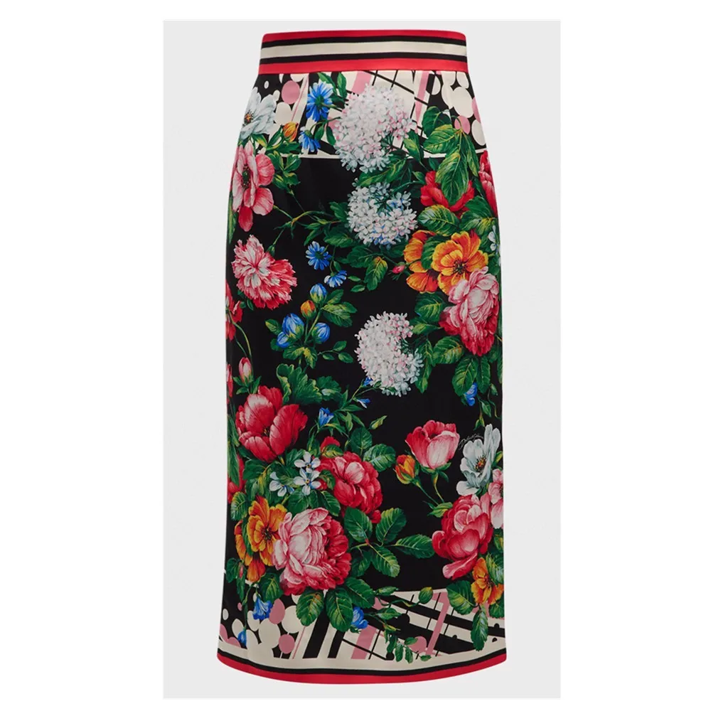 Luxury Fashion Inspired Women Elegant Floral Print 100% Silk High Quality Midi Pencil Skirt