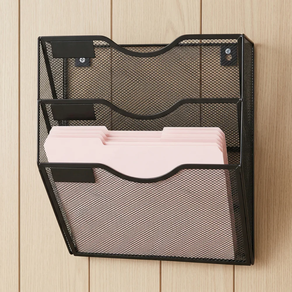 

Офисная 3-ярусная металлическая сетчатая настенная полка для хранения документов с отсеками для этикеток, подвесная, устойчивая к ржавчине, для офиса