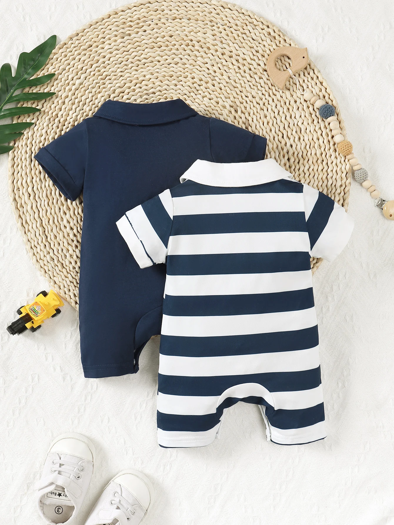 Summer Baby Boy 2pcs Cute Casual Solid Color And Striped Collared Short Sleeve Romper With Button Closure