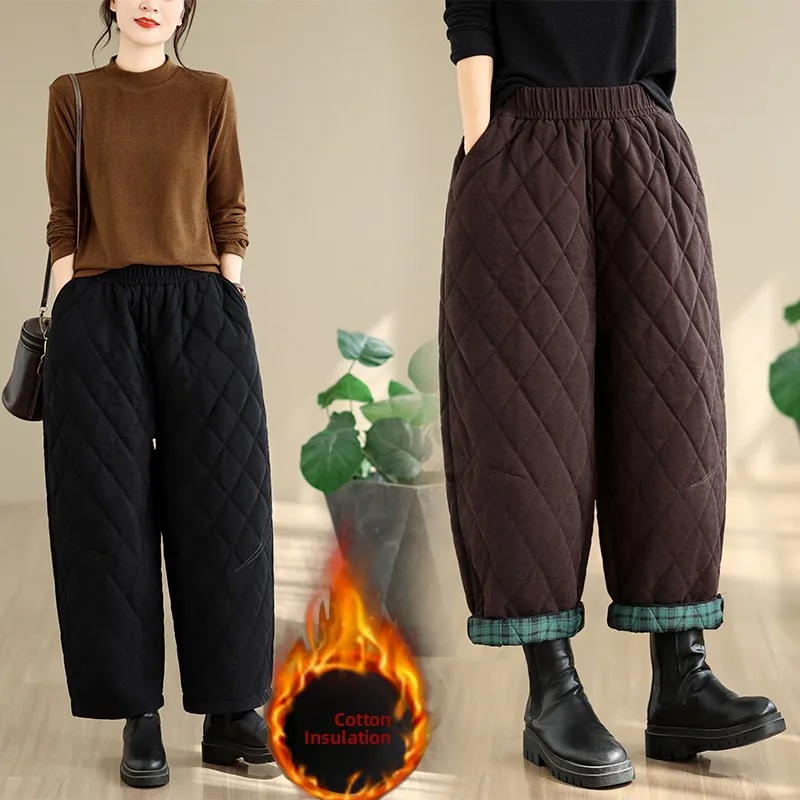 Thickened Cotton Pants Women's Winter Warm Harlan Style Nine-Piece Quilted Heavy-Stitching Retro Cotton Trousers