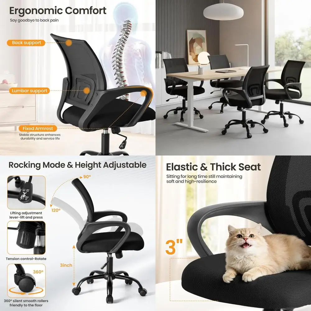 

Ergonomic Swivel Office Chair with Lumbar Support, Adjustable Height and Fixed Armrests for Home and Work, 2-Pack, Black