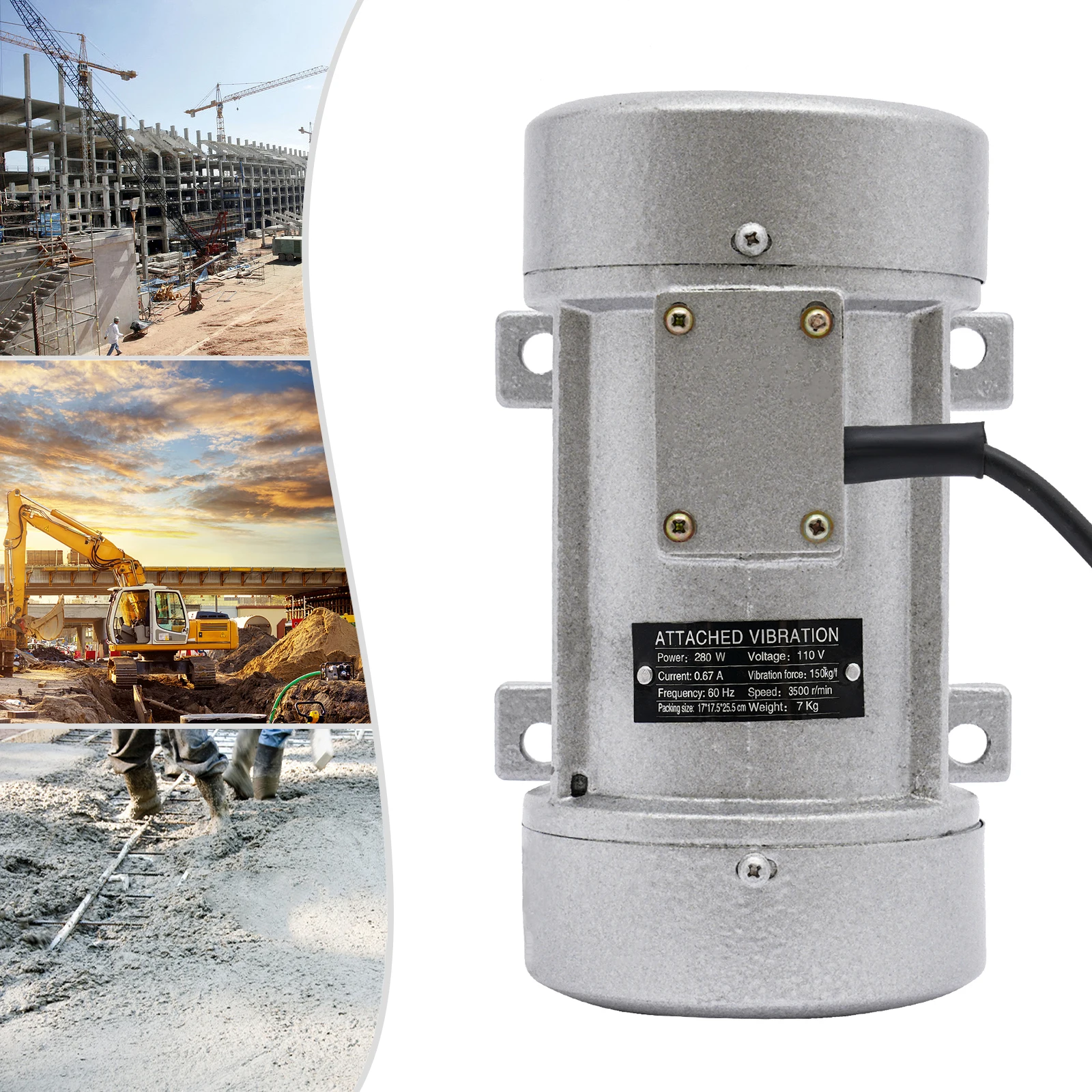 280W Concrete Vibrator Vibration Motor, 150kg/f Electric Vibration Motor, 3500 RPM Speed, 110V 60Hz, 18*28*22cm